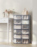 SONGMICS PACK OF 12 PLASTIC SHOE BOXES FOLDABLE STACKABLE SHOE BOXES CLEAR/BLACK - Like New