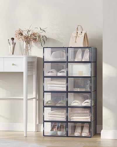 SONGMICS PACK OF 12 PLASTIC SHOE BOXES FOLDABLE STACKABLE SHOE BOXES CLEAR/BLACK - Like New