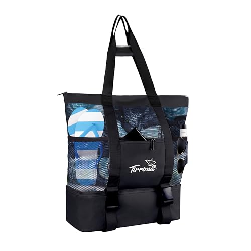 TIRRINIA MESH BEACH BAG WITH COOLER COMPARTMENT EXTRA LARGE TOTE - OS - BLACK - Like New