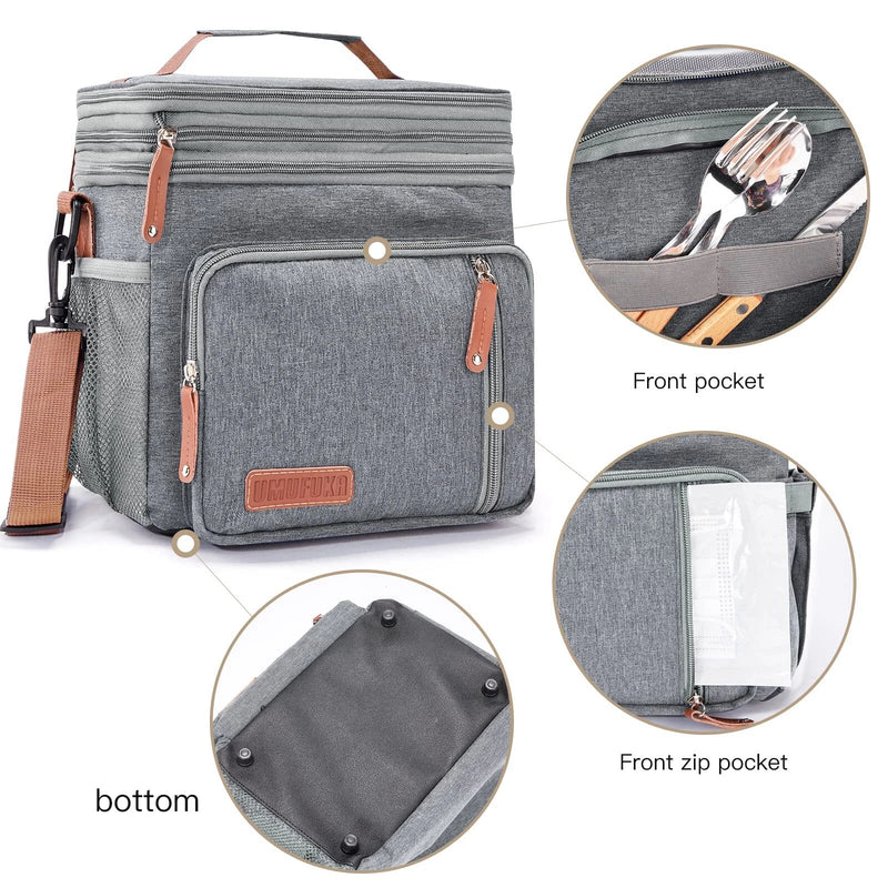 UMUFUKA  DOUBLE COMPARTMENT LUNCH BAG INSULATED LUNCH COOLER TOTE - GRAY - Brand New