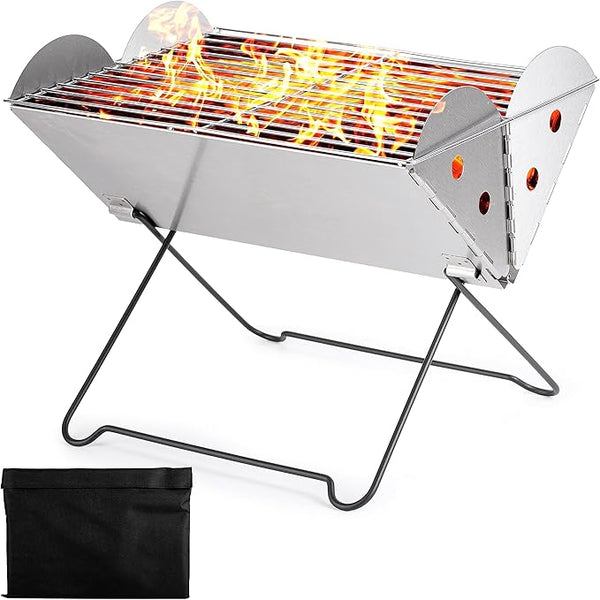 Zone Tech Portable Camping Stainless-Steel Grill Fire Pit Grill - Silver Like New