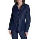 H5CD3CBV HALSTON WOMEN'S ROLL-TAB SLEEVE DENIM-LIKE COLLARED TOP DARK BLUE L - Like New