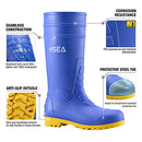 B0919K9VQ7 HISEA Men's Steel Toe Rubber Boots PVC Rain Boots Size 10 Blue - Brand New