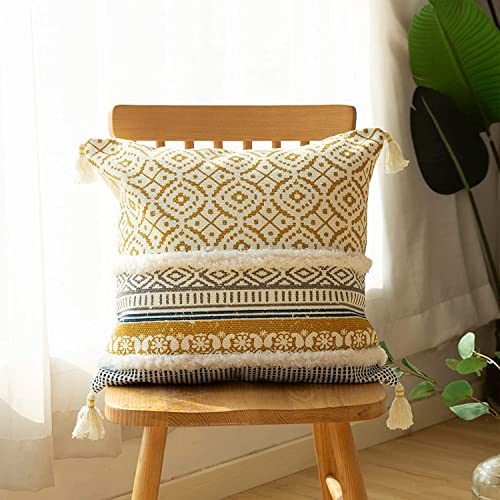 BLUE PAGE BOHO TUFTED DECORATIVE THROW PILLOW COVERS 22 X 22 INCHES - YELLOW - Like New