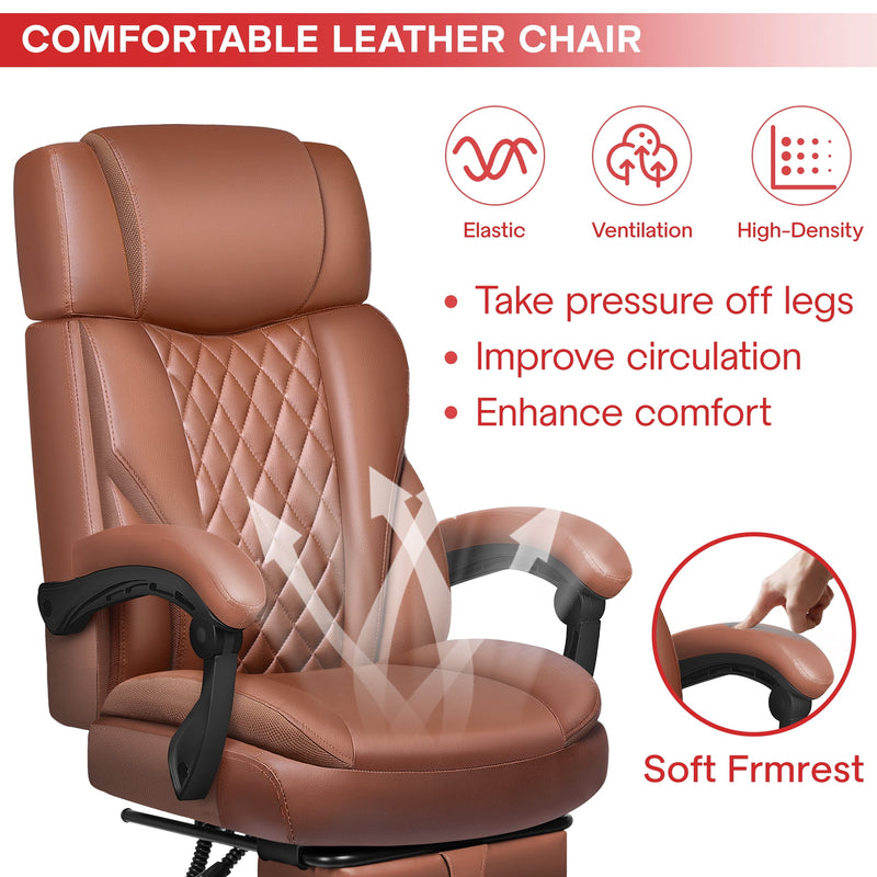 FELIXKING BIG & TALL HIGH-BACK LEATHER OFFICE CHAIR WITH FOOTREST - BROWN - Like New