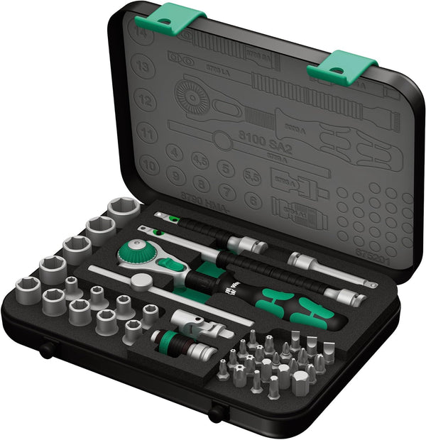 Wera 8100 SA 2 Zyklop 1/4" Metric Ratchet Set, 42 Pieces - Green/Black Like New