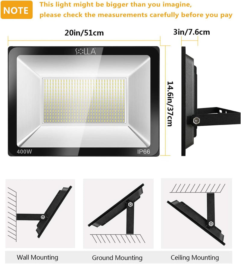 SOLLA 400W LED Flood Light, IP66 Waterproof, 32000lm, 2140W - Daylight White - Like New