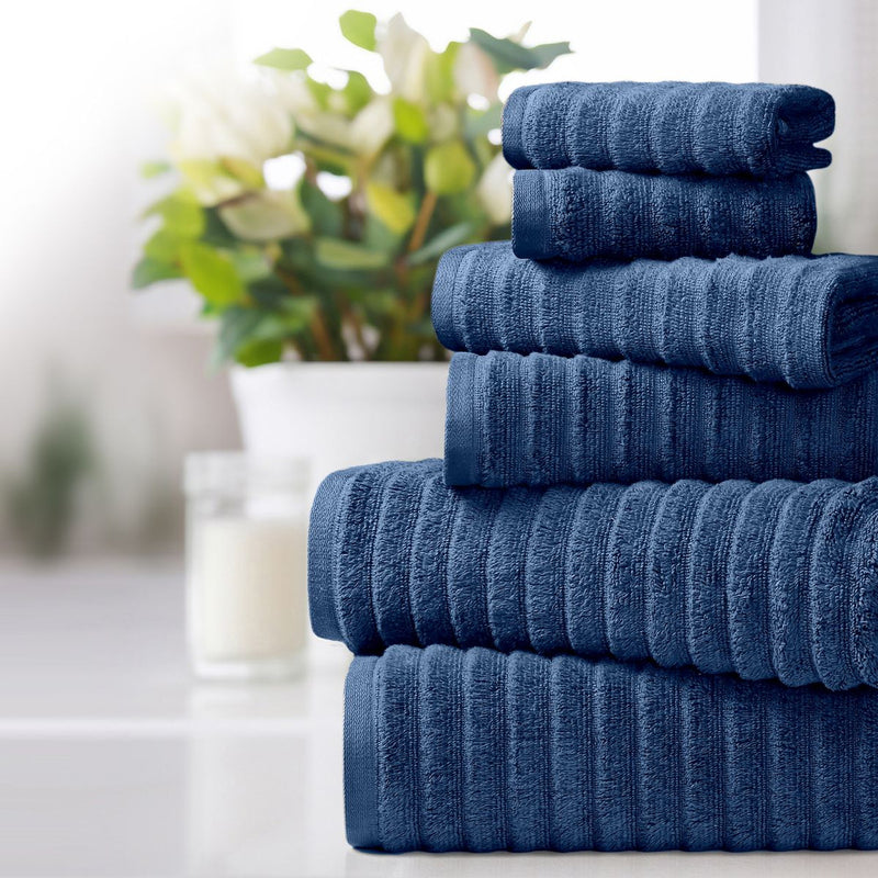 BIBB HOME RIBBED EGYPTIAN COTTON TOWELS (SET OF 6) - DEEP BLUE - Brand New