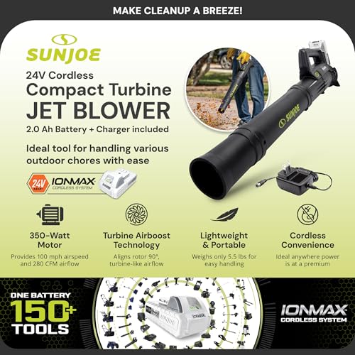 SUN JOE JET LEAF BLOWER W/ CORDLESS TURBINE & CHARGING, IONMAX 24V - BLACK/WHITE - Like New