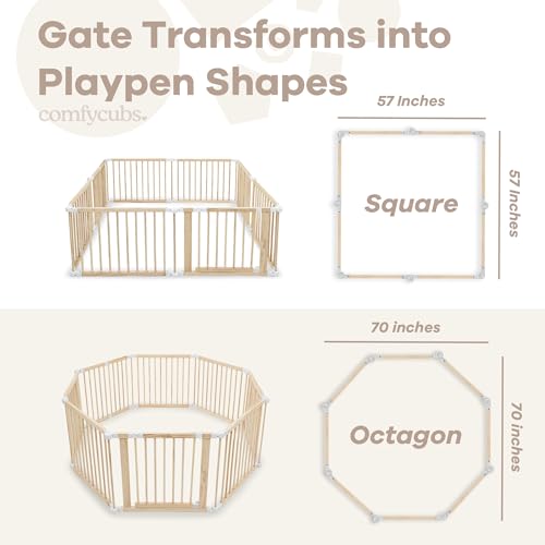 Comfy Cubs Baby Gate Playpen - 57 x 57 x 25 in, Extends Up to 228” - Pine Wood - Like New
