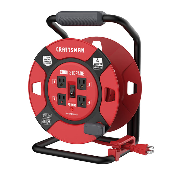 CRAFTSMAN RETRACTABLE EXTENSION CORD REEL 75 FT 4 OUTLETS 14AWG SJTW - RED - Like New
