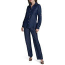 H5CD3CBV HALSTON WOMEN'S ROLL-TAB SLEEVE DENIM-LIKE COLLARED TOP DARK BLUE L - Like New