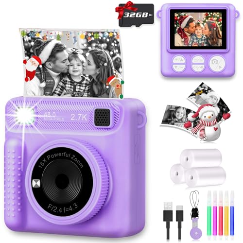 ENERHAMP CAMERA FOR KIDS INSTANT PRINT, BIRTHDAY GIFT WITH 32GB SD CARD - PURPLE - Like New