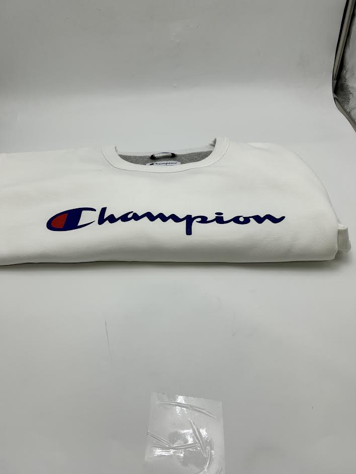 CHAMPION POWERBLEND CREWNECK SWEATSHIRT, CLASSIC SCRIPT LOGO - MEN XL - WHITE - Brand New