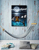 Canvas Wall Art Blue Ocean Sea Elephant Look at Moon Framed Wall Art - Brand New