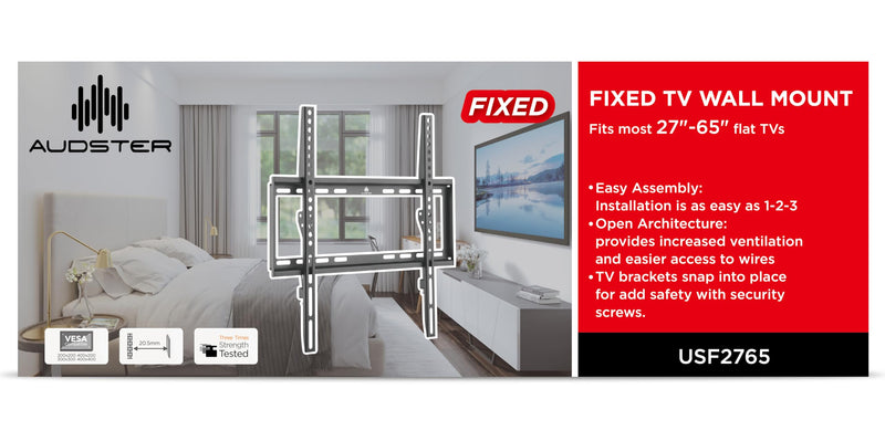 AUDSTER FIXED TV WALL MOUNT, FITS MOST 27" - 65" FLAT TVS - BLACK - Like New