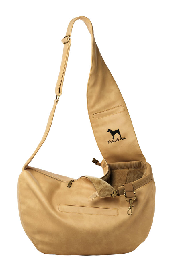 NOAH & PAW DOG SLING CARRIER FOR SMALL DOGS 5-18LB, VEGAN LEATHER - BEIGE - Brand New