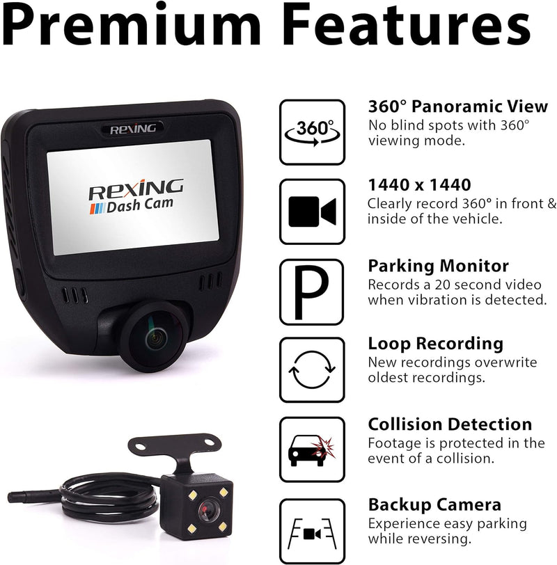 Rexing V360 360 Degree Wide Angle Dual Channel Dashboard Camera - Black - Like New