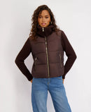 KENSIE WOMEN'S MIXED MEDIA SHORT PUFFER WITH KNIT SLEEVES - SIZE: L - CHOCOLATE - Brand New