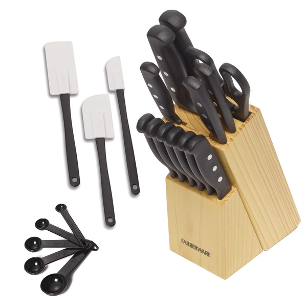 FARBERWARE TRIPLE RIVET HIGH-CARBON KNIFE BLOCK & KITCHEN TOOL SET - BLACK - Like New