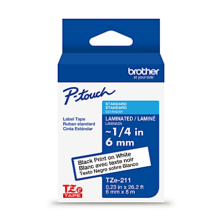 BROTHER P-TOUCH TZE211 LAMINATED LABEL TAPE, 1/4" X 26.2 FT 6MM X 8M - WHITE - Like New