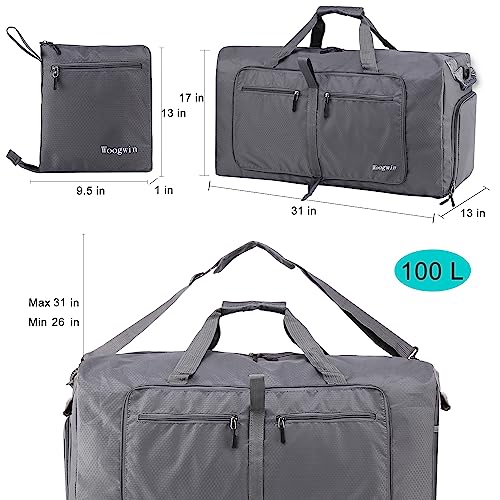 Woogwin Travel Duffel Bag Large Foldable Waterproof Overnight Bag 100L- Gray - Brand New