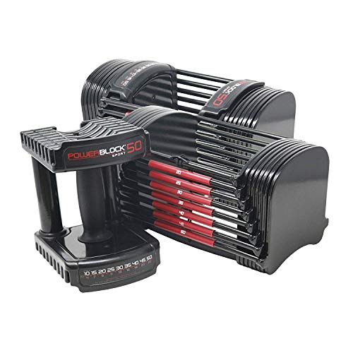 POWERBLOCK 50 ADJUSTABLE DUMBBELLS, SOLD IN PAIRS, 10-50 LB - BLACK/RED - Like New