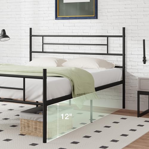 NOVILLA QUEEN SIZE BED FRAME HEADBOARD FOOTBOARD 14" METAL PLATFORM - DARK BLACK - Like New