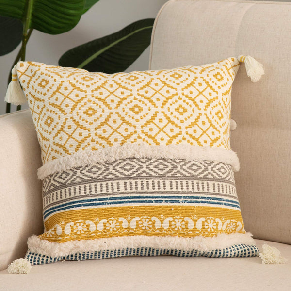 BLUE PAGE BOHO TUFTED DECORATIVE THROW PILLOW COVERS 22 X 22 INCHES - YELLOW - Like New