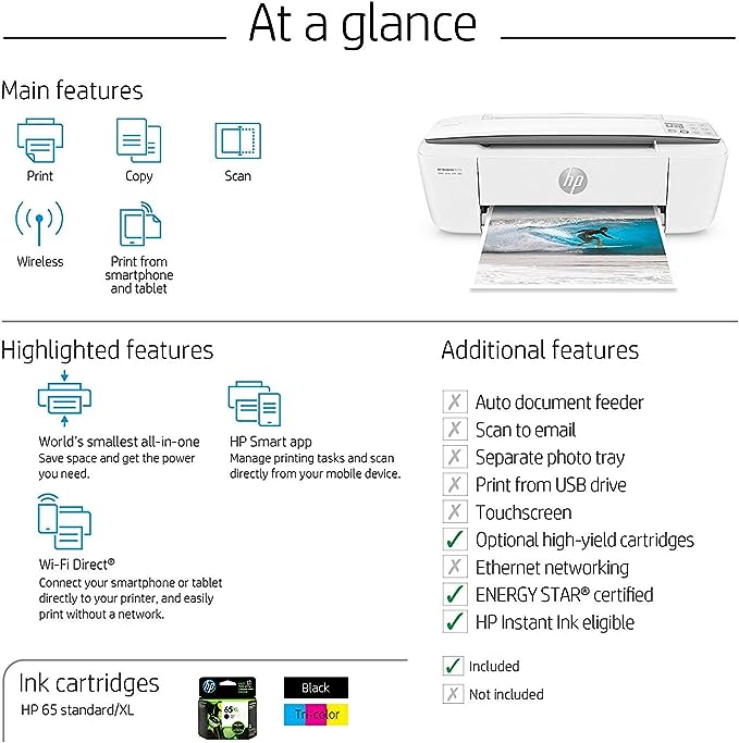 HP DeskJet 3755 Compact All-in-One Wireless Printer J9V91A - Stone Accent - Like New
