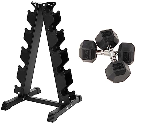 FITVIDS RUBBER ENCASED HEX DUMBBELL WITH RACK 25 LB PAIR 7009130 - BLACK - Like New