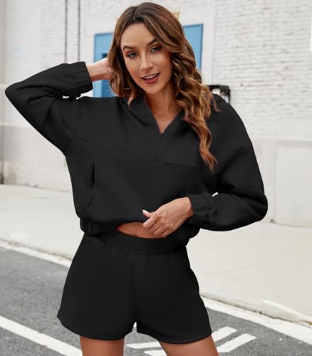 FKEEP WOMENS 2 PIECE SWEATSUIT OUTFITS HALF ZIP HOODIE (WOMEN M) - BLACK - Brand New
