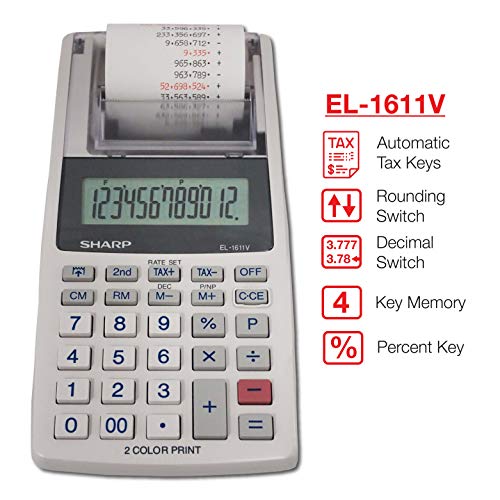 SHARP HANDHELD PORTABLE CORDLESS 12 DIGIT LARGE LCD DISPLAY EL-1611V - WHITE - Like New