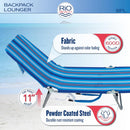 Rio Beach Portable Folding Backpack Beach Lounge Chair ‎ABPL-1813-1 -Blue Stripe - Brand New