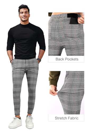GINGTTO Mens Plaid Dress Pants Stretch Chino Pants Men Slim Fit Gray 30x30 - Like New