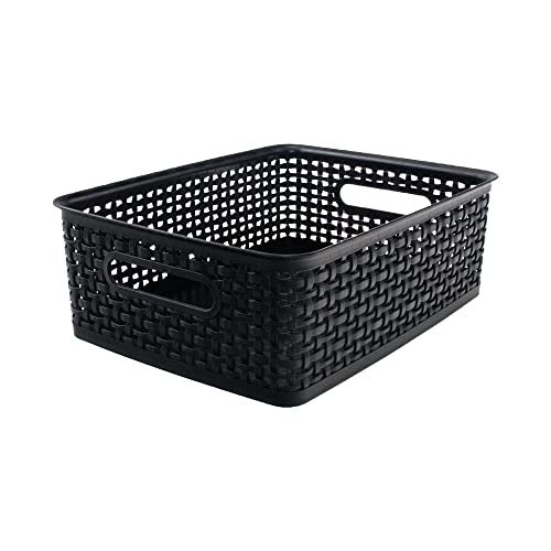 ADVANTUS WEAVE DESIGN PLASTIC MEDIUM BIN, 13.75"L BY 10.5"W BY 4.625"H, BLACK - Like New