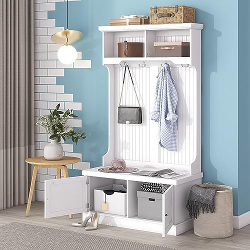 GENERIC 4-IN-1 DESIGN HALL TREE SHOE BENCH COAT RACKS 4 HOOKS MG00032AAK - WHITE - Like New