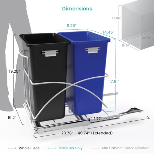 Home Zone Living Pull Out Dual Trash Can, 15 Gallon, Black/Blue, VK40235U Like New