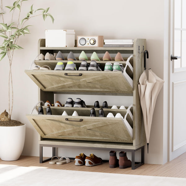 Narrow Shoe Cabinet for Entryway, Organizer with 2 Flip Drawers, Slim Storage - Like New