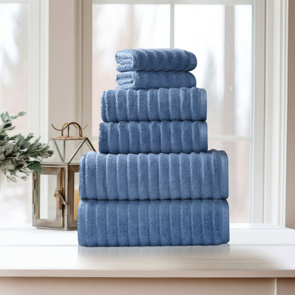 BIBB HOME RIBBED EGYPTIAN COTTON TOWELS (SET OF 6) - DEEP BLUE - Brand New