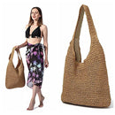 AYLISS STRAW WOVEN SUMMER BEACH BAG TOTE SHOULDER WEAVING HANDBAG - KHAKI - Like New