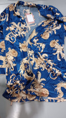 ARWSER WOMEN'S SILK SATIN PAJAMAS 4 PCS FLORAL SILKY SETS SLEEPWEAR - BLUE/GOLD - Like New
