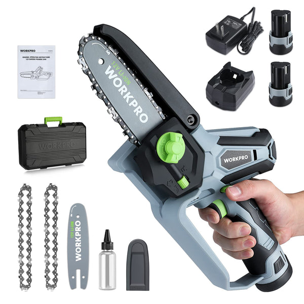WORKPRO MINI CHAINSAW, 6.3" CORDLESS ELECTRIC 12V W125077AE - GRAY/GREEN - Like New