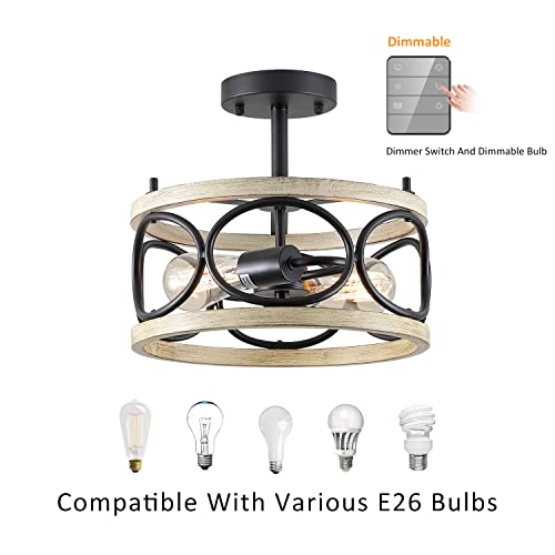 9MMML 12.8“ FLUSH MOUNT CEILING LIGHT MODERN METAL CHANDELIER - BLACK/WOOD - Like New