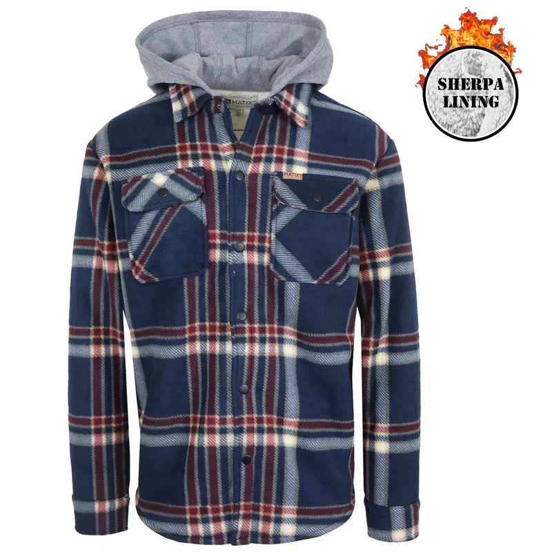 MATIX GALAXY MATIX MEN'S HOODED FLANNEL FAUX SHERLING SHACKET - L - NAVY INK - Brand New