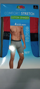 FRUIT OF THE LOOM MEN'S BOXER BRIEFS, 4 PACK, SIZE L - BLUE/GRAY/BLACK/RED - Brand New