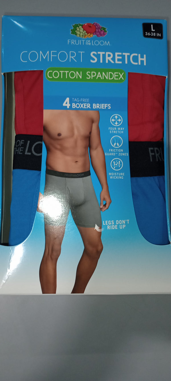 FRUIT OF THE LOOM MEN'S BOXER BRIEFS, 4 PACK, SIZE L - BLUE/GRAY/BLACK/RED - Brand New