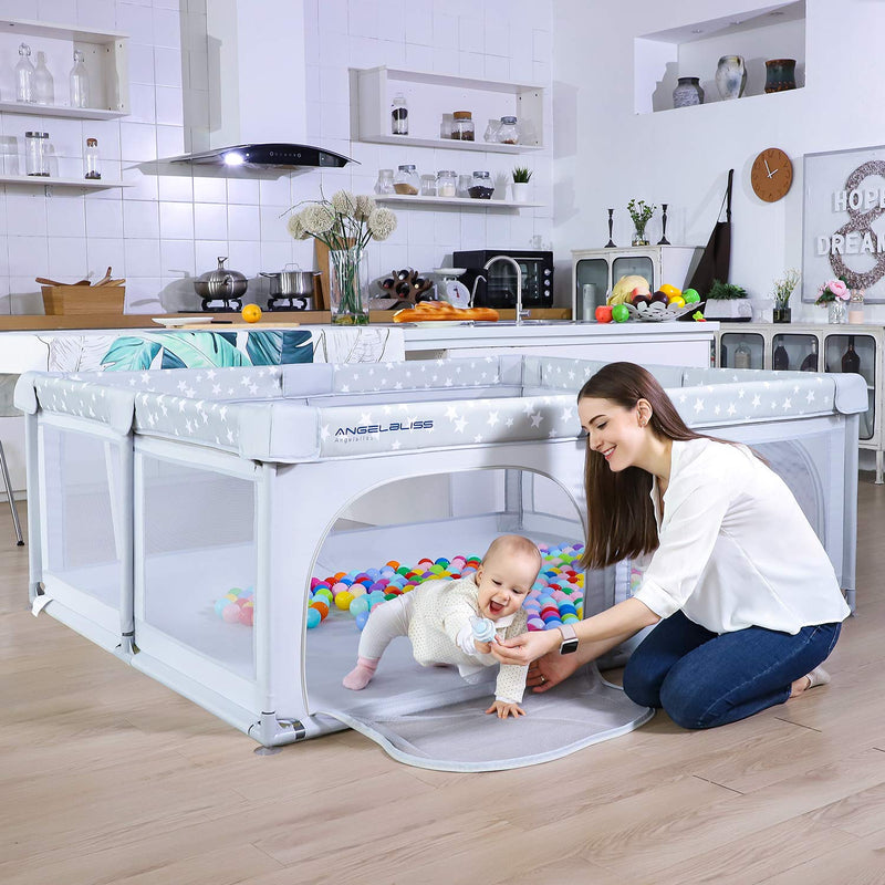 ANGELBLISS BABY PLAYPEN WITH STAR PRINT 50"X50" - GRAY - Like New