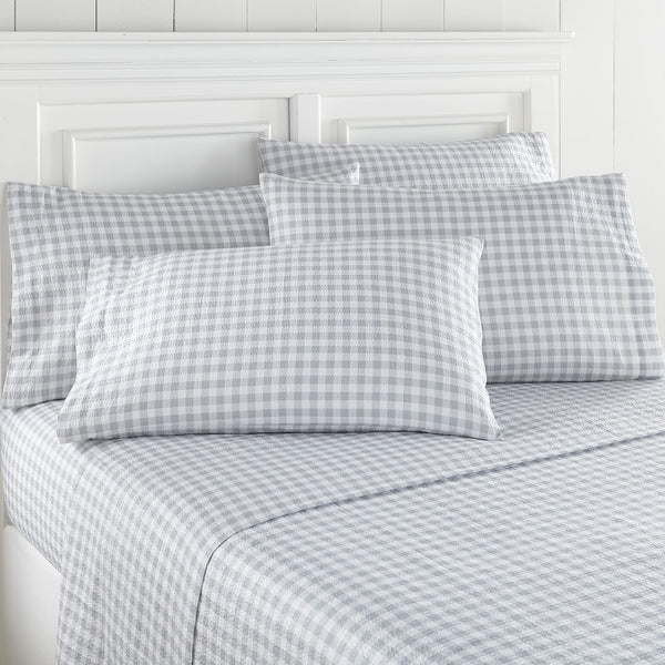SHAVEL HOME PRODUCTS SEERSUCKER SHEET SET KING GINGHAM GRAY - WHITE/GRAY - Brand New