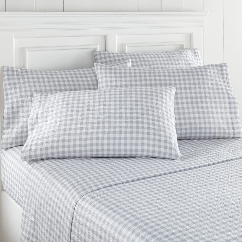 SHAVEL HOME PRODUCTS SEERSUCKER SHEET SET KING GINGHAM GRAY - WHITE/GRAY - Brand New
